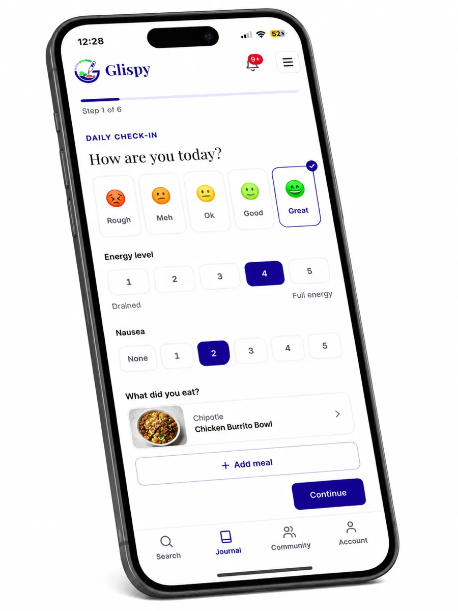 The Glispy journal showing a daily check-in for meals, symptoms, energy, hydration and mood.