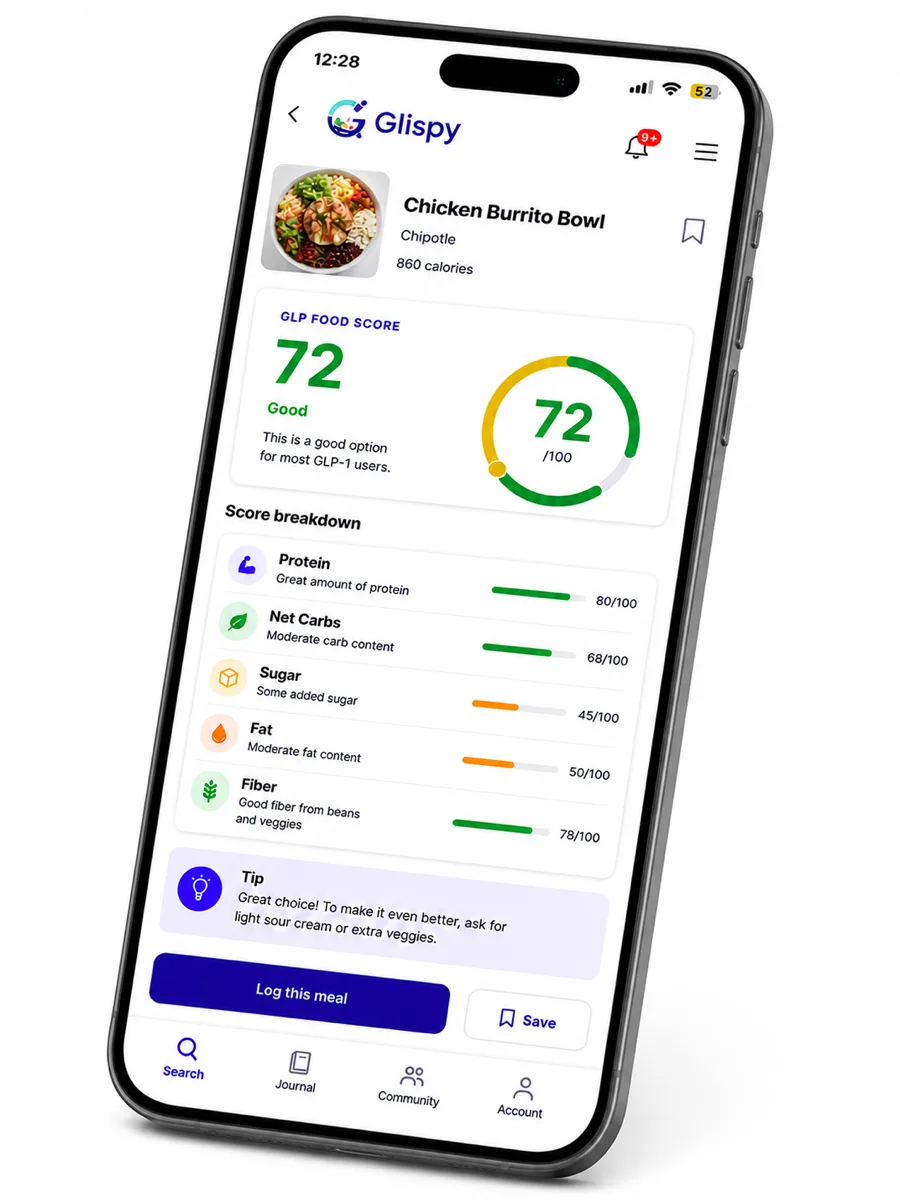 The Glispy app showing a Chicken Burrito Bowl with a GLP Food Score of 72 and its protein, net carbs, sugar, fat and fiber breakdown.