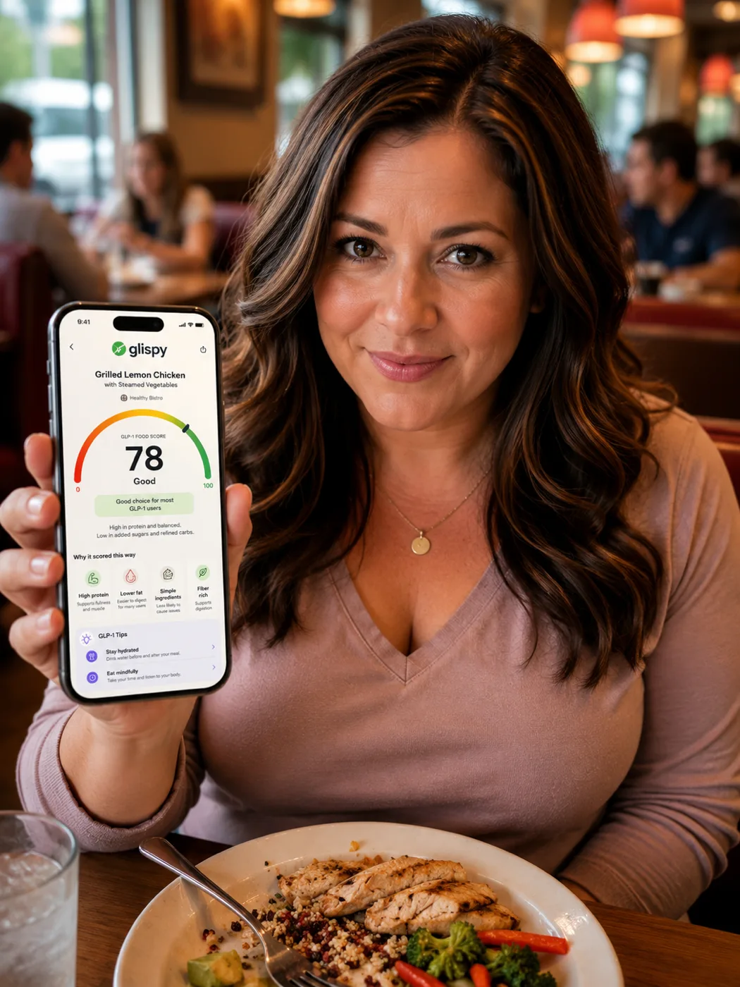 A woman smiling and holding up her phone, showing a Glispy food score for grilled lemon chicken.